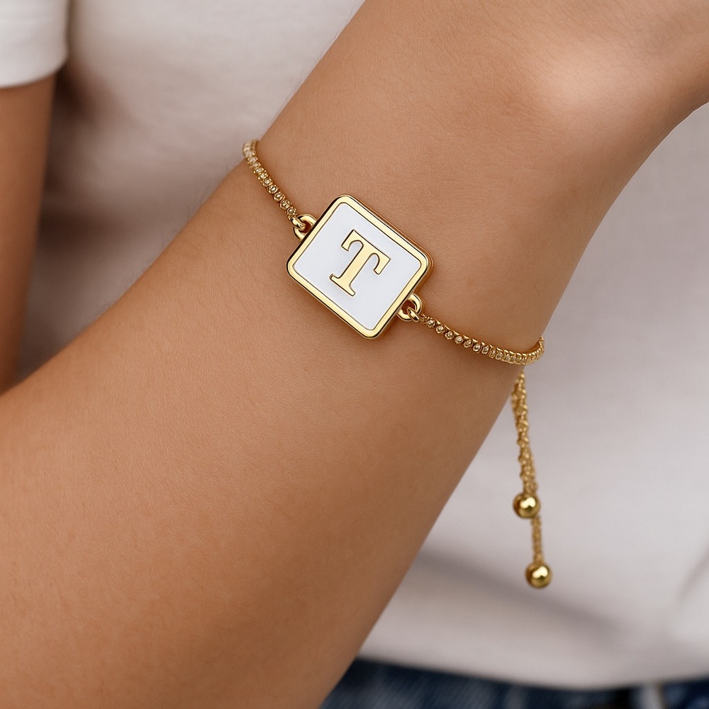 Gold-Plated Stainless Steel Initial Bracelet – Custom Alphabet Charm (T)